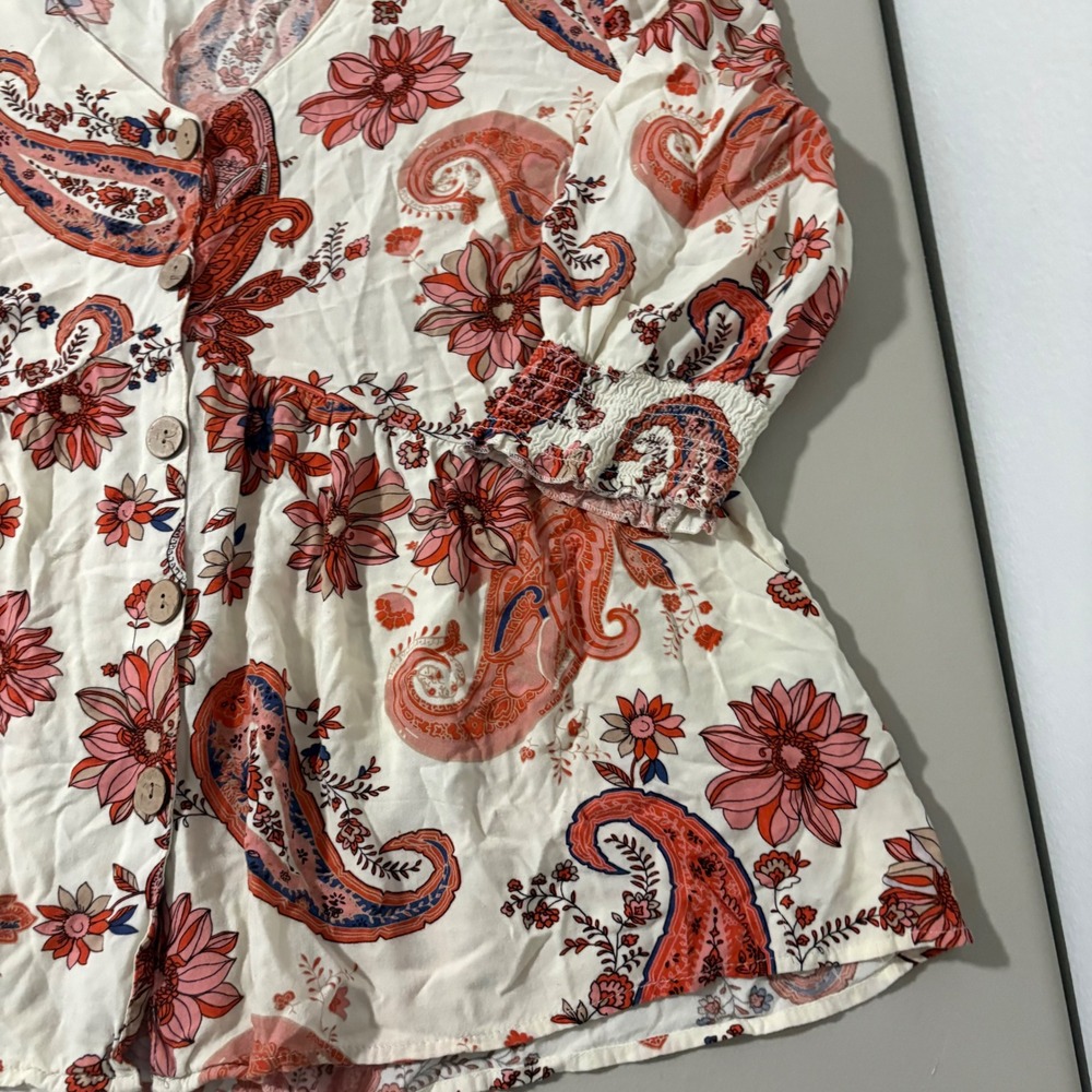 Unique Spectrum Paisley Floral Peplum Blouse 1X Ivory‎ Coral Rayon Button Front - Picture 8 of 10
